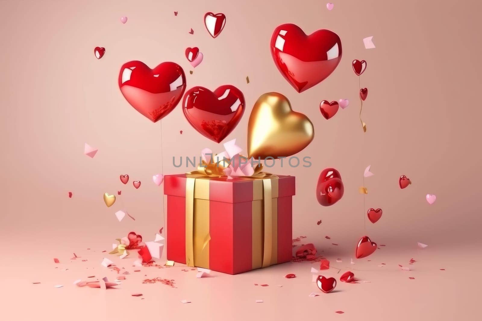 Red gift box. Heart balloon romance. Generate Ai