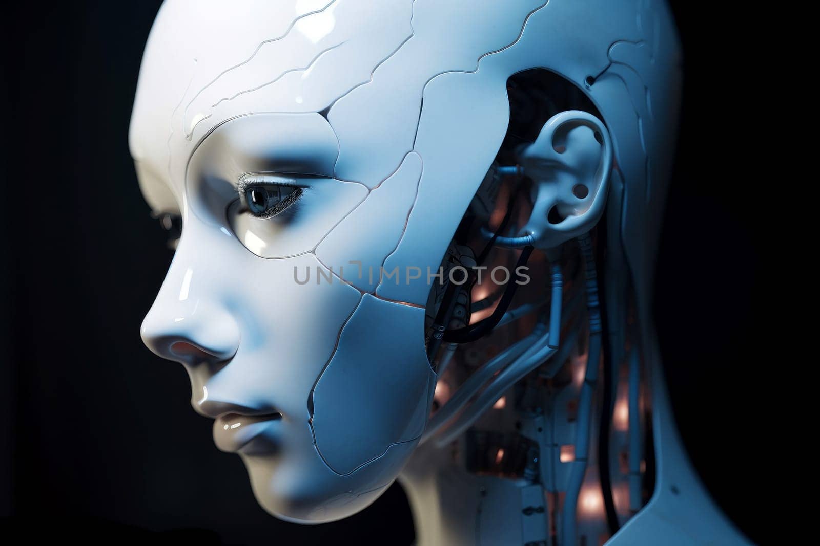 Incomplete humanoid android. Head cybord. Generate Ai