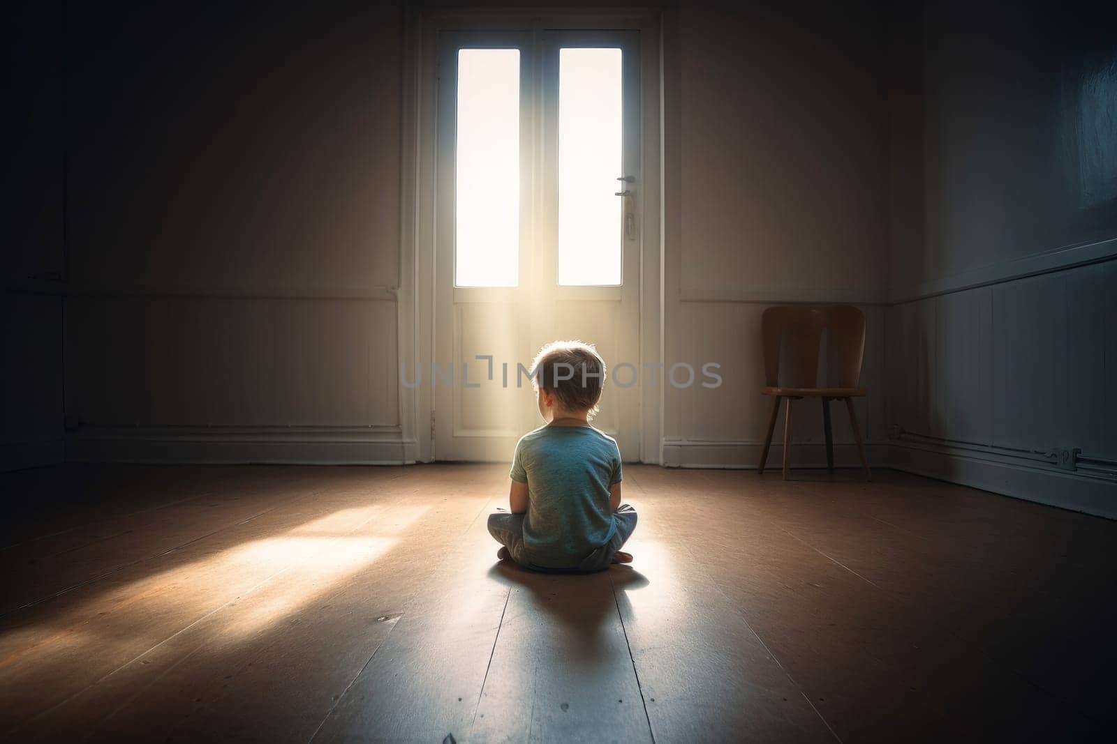 Little boy sitting alone in front of the door. Home room. Generate Ai