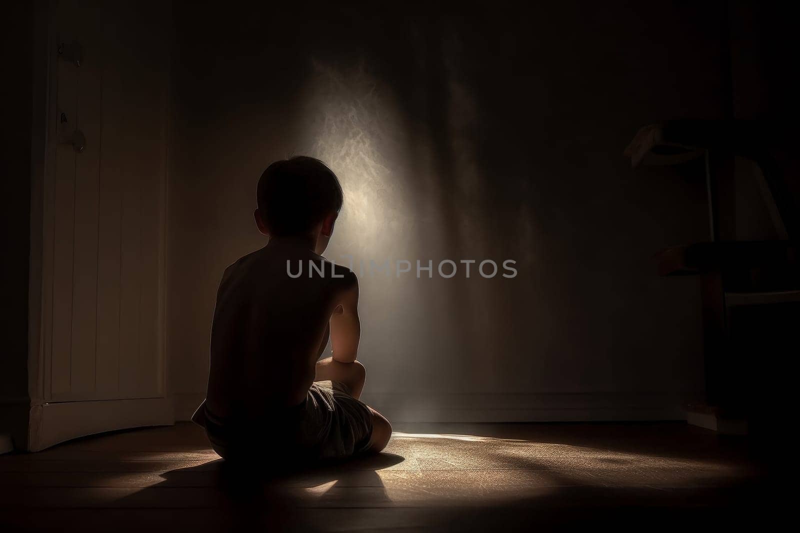 Little boy sitting alone in the dark. Interior fear by ylivdesign
