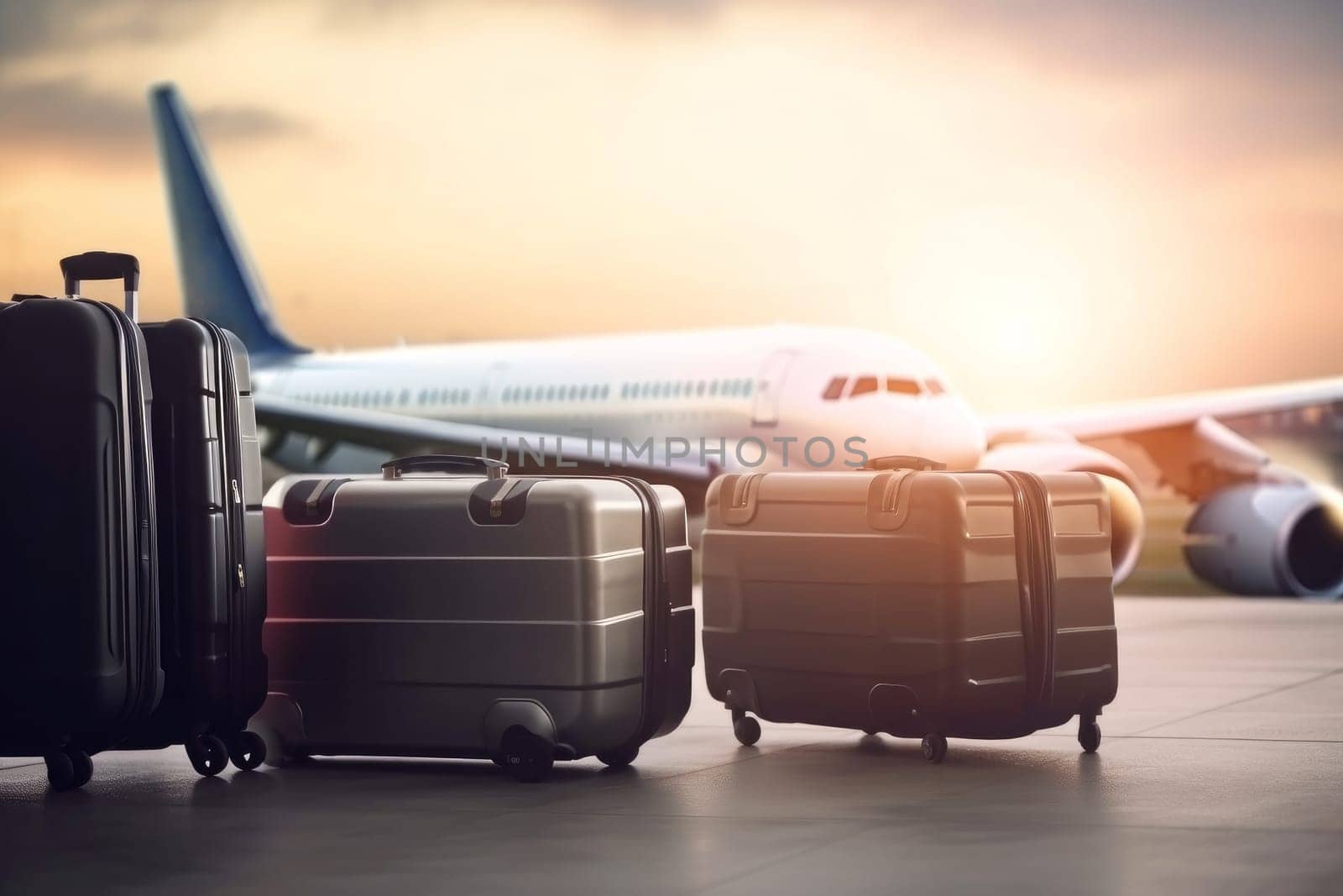 Luggage at the airport with planes. Holiday transport. Generate Ai