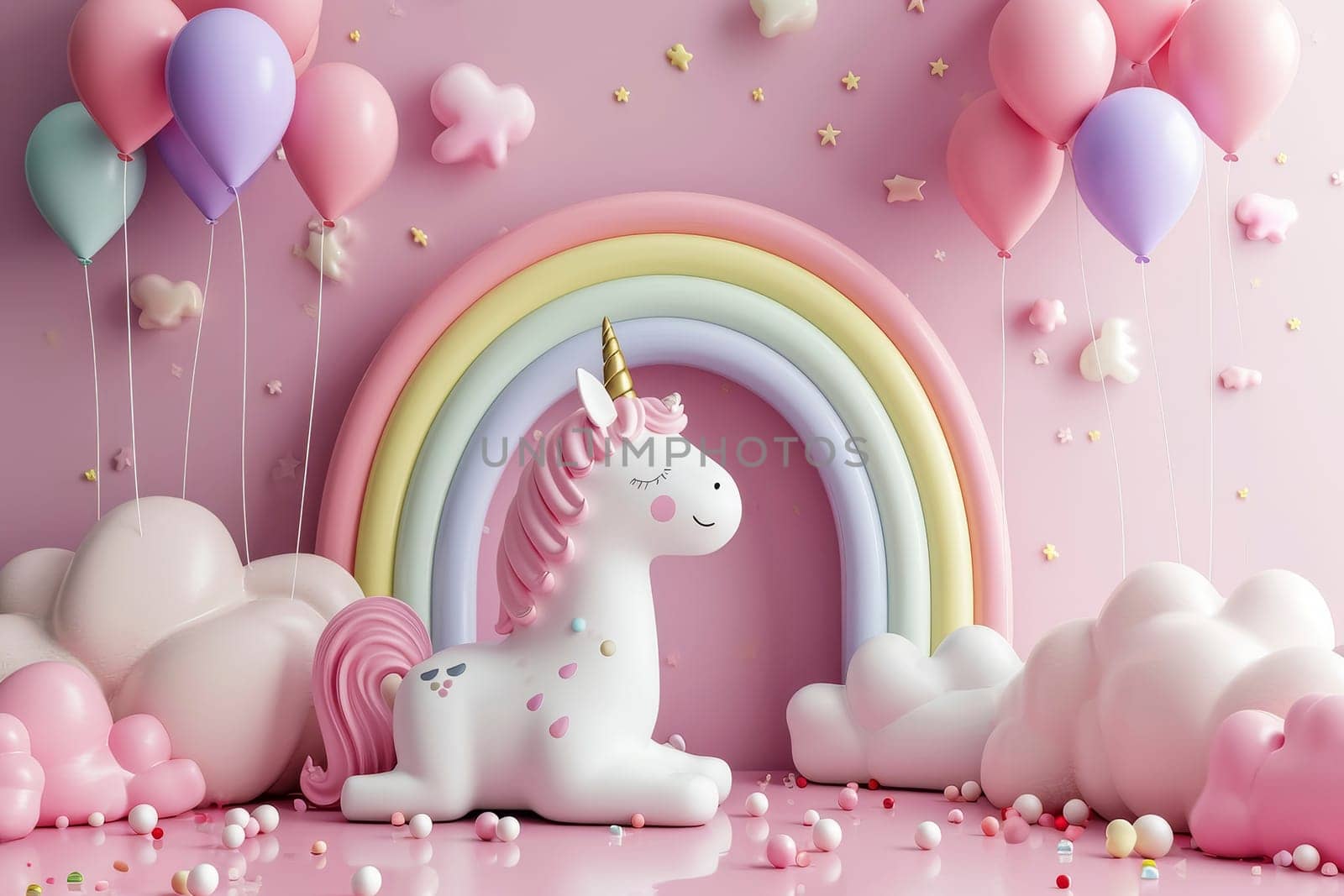 A whimsical 3D illustration of a unicorn with colorful balloons and rainbow, perfect for a child's party.