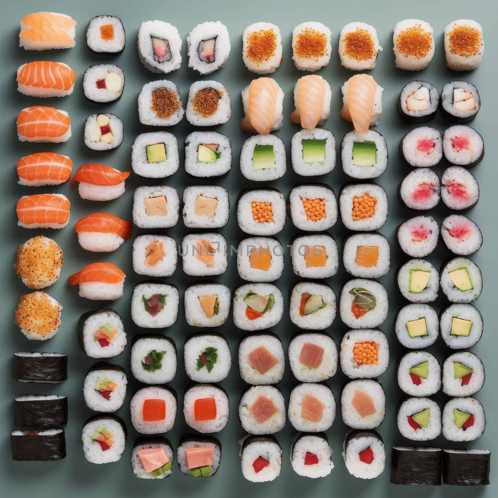 Many sushi on table. Asian restaurant. Generate Ai