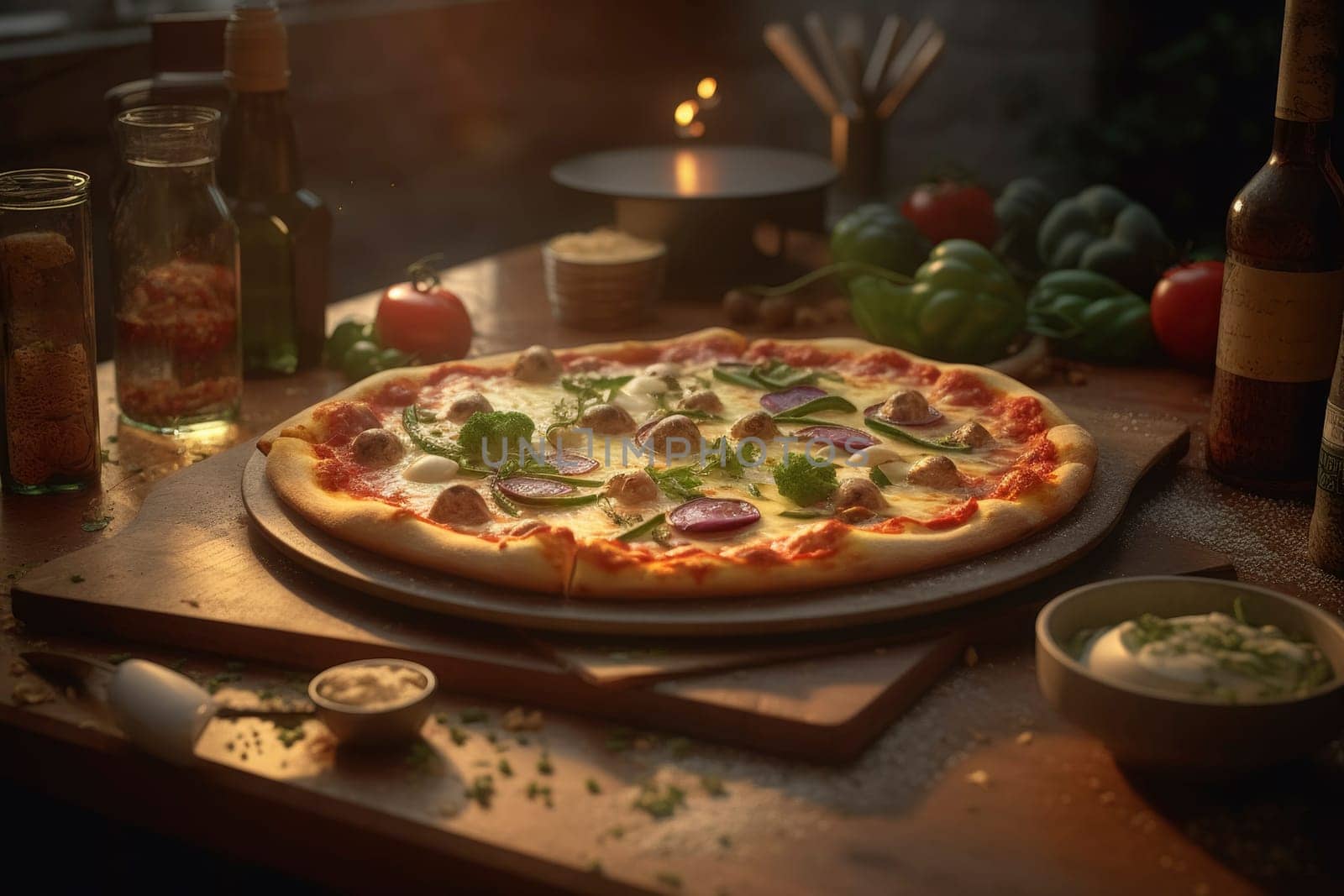Delicious homemade pizza with fresh toppings on a rustic wooden table, surrounded by ingredients.