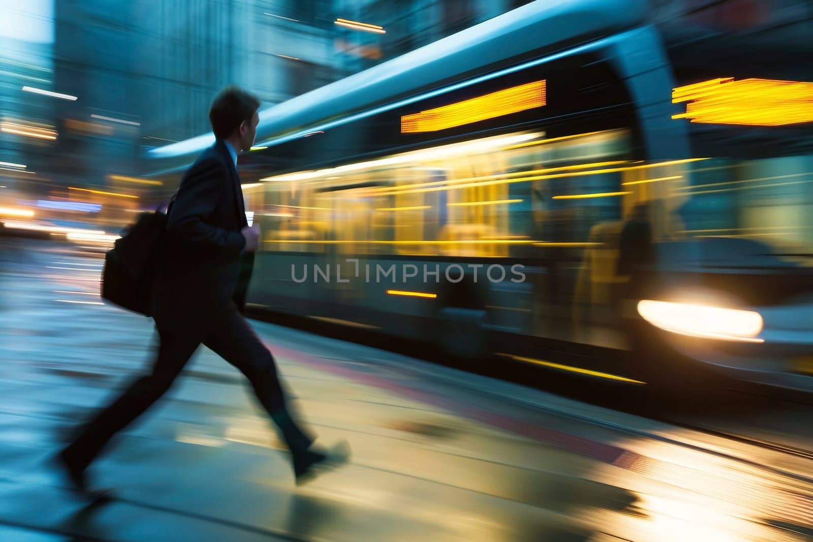 Rush hour on a busy city street with motion-blurred buses and pedestrians.