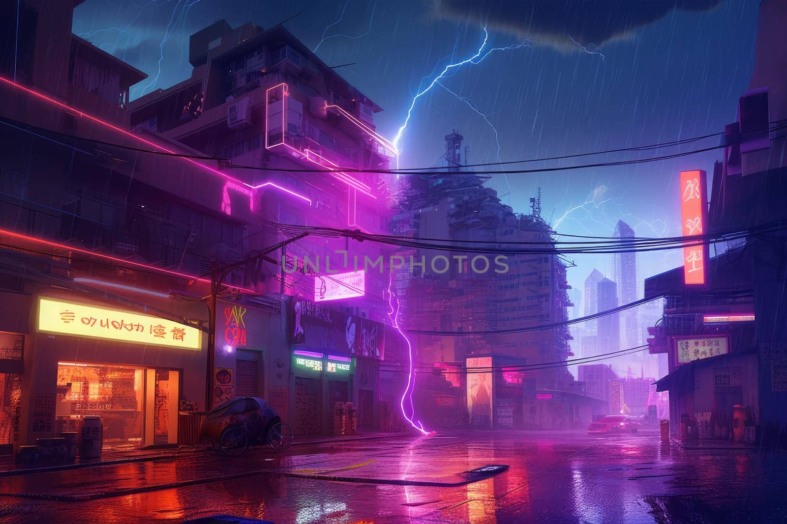 Neon city thunder. Future night street by ylivdesign