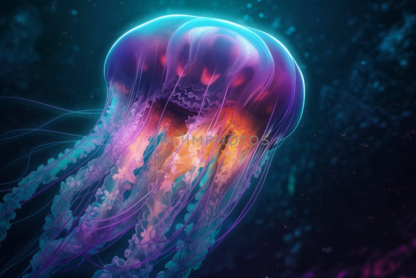 Sea neon jellyfish. Underwater floating. Generate Ai