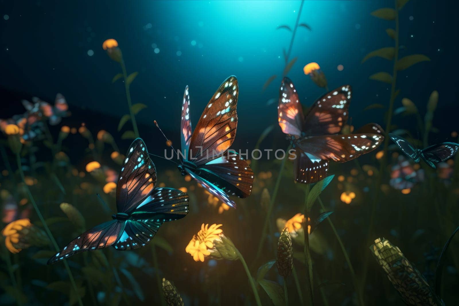 Butterflies night flight. Glowing summer field. Generate Ai