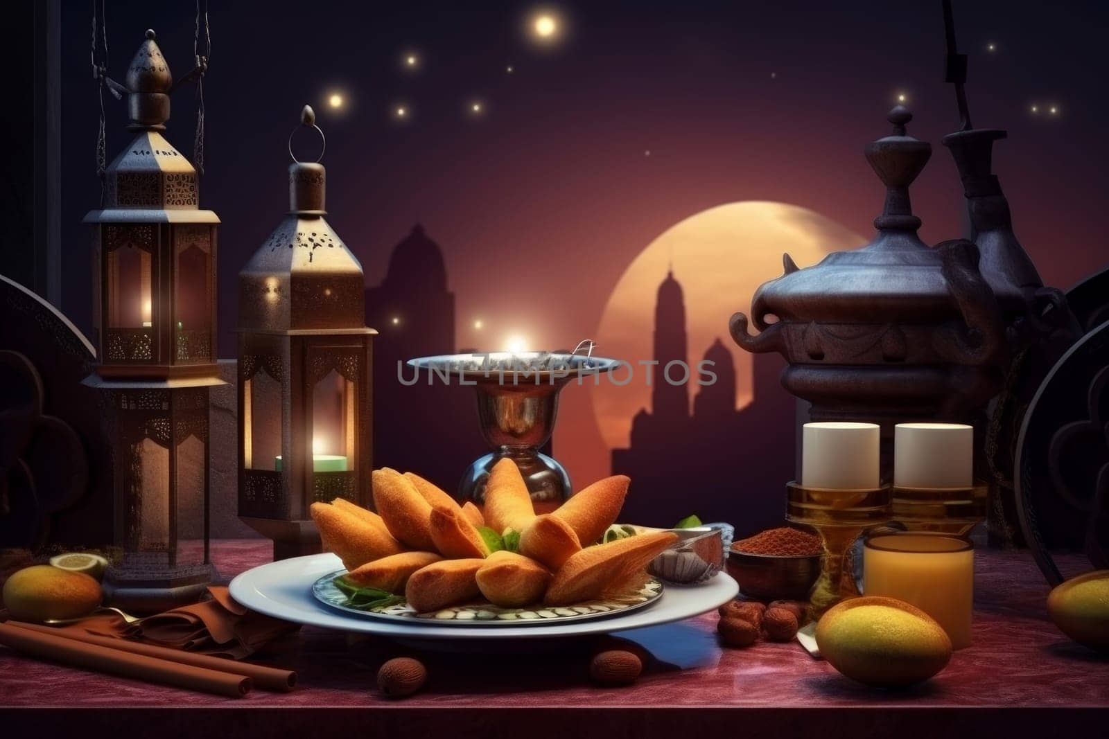 Ramadan congratulations. Food lantern design. Generate Ai