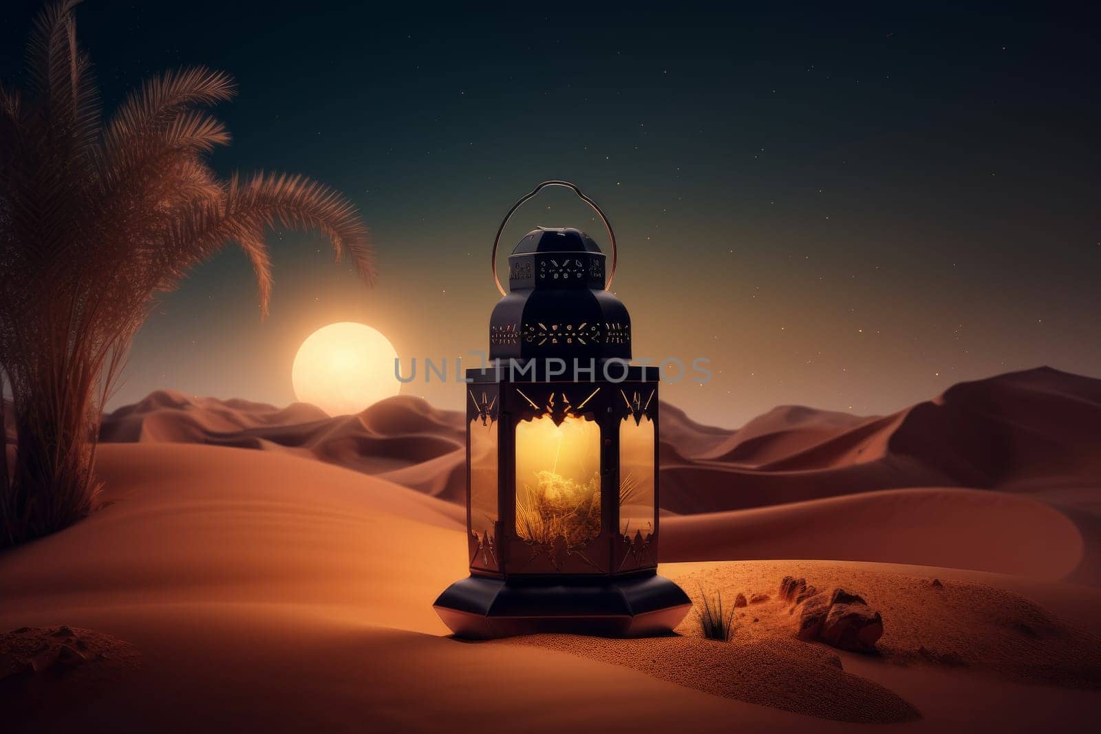 Ramandan lantern in desert. Sunset light. Generate Ai