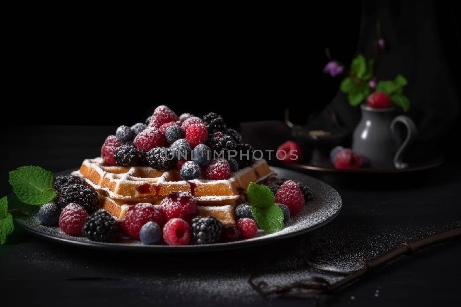 Delicious Belgian waffles adorned with an assortment of fresh berries and a dusting of powdered sugar.