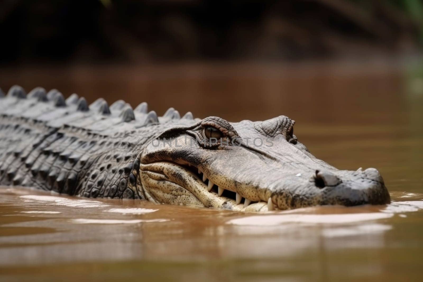 A close-up view of a crocodile's head above water, showcasing its textured skin and predatory gaze.