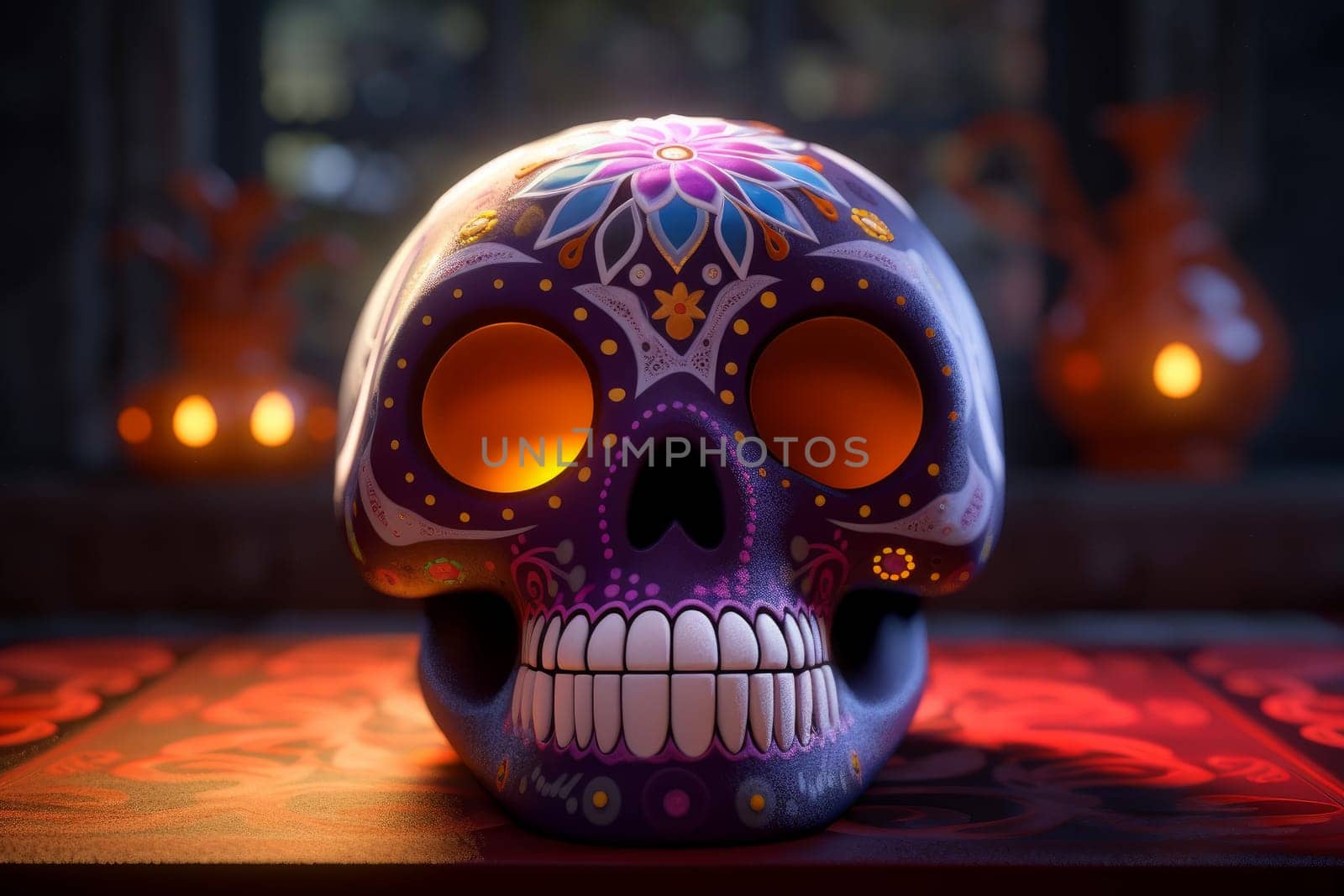 Dead skull with burning candle. Mexican skeleton holiday. Generate Ai