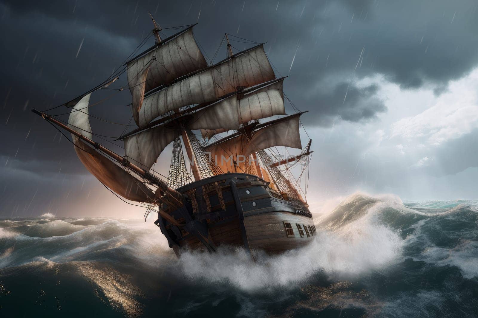 Pirate ship in storm. Fantasy vessel. Generate Ai