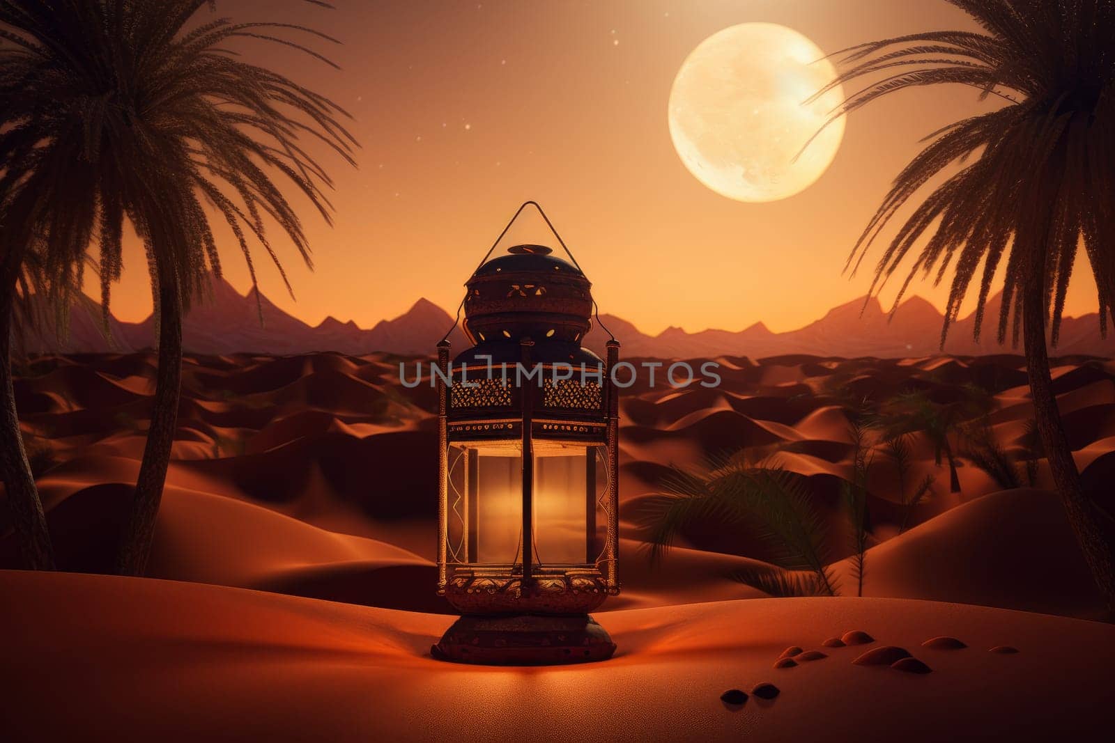 Islamic lantern in desert. Ramadan holiday. Generate Ai