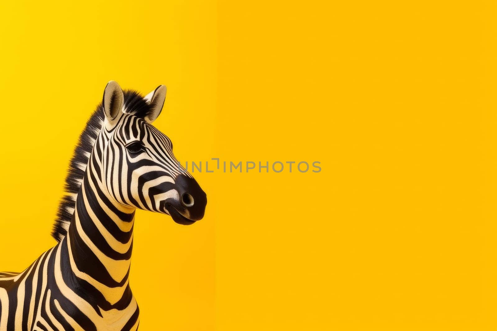 Close-up of a zebra against a vibrant yellow backdrop.