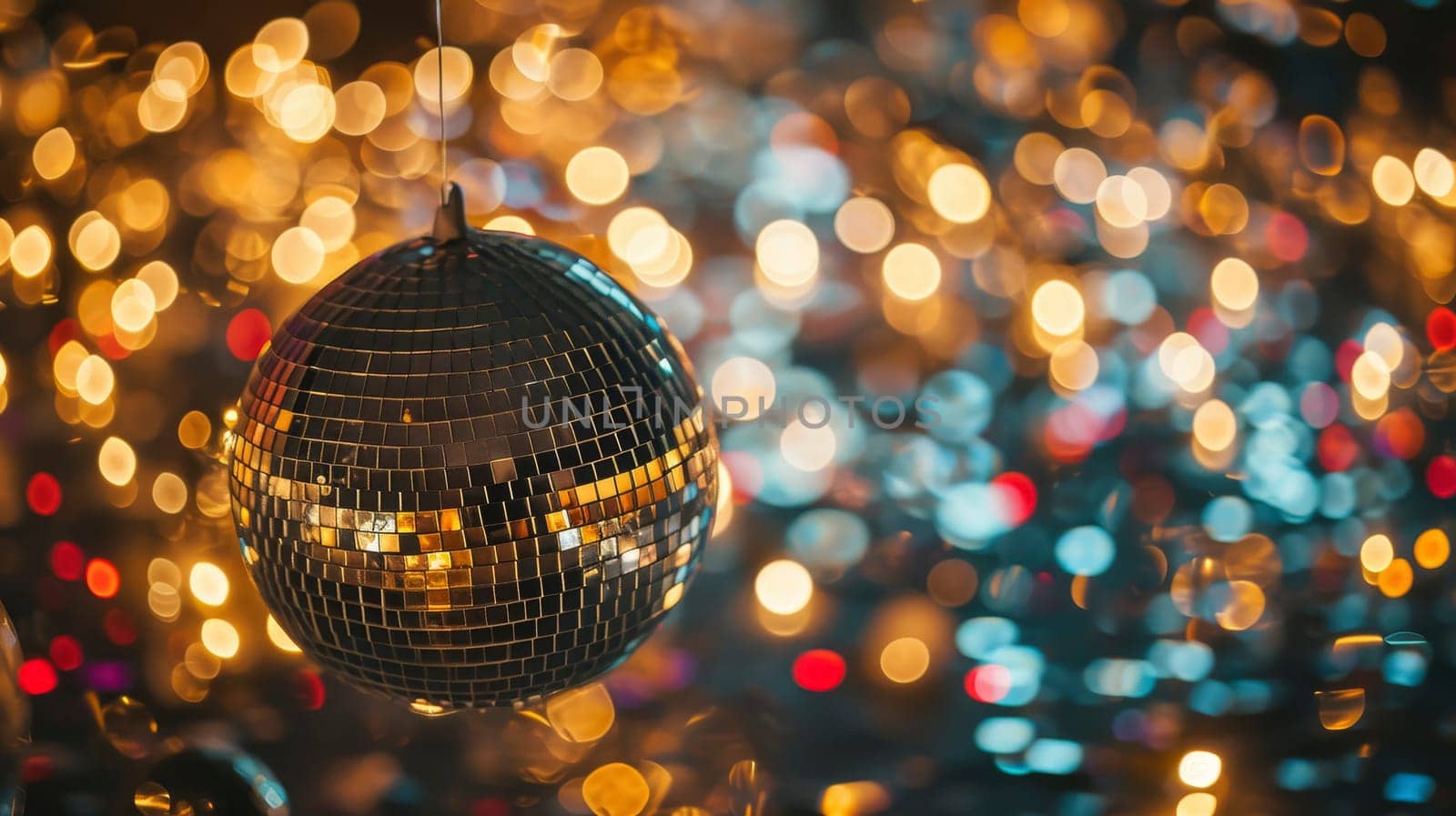 Disco ball with sparkling reflections. Close-up shot with colorful bokeh background. Party and celebration concept. Design for invitation, event poster, greeting card. Place for text