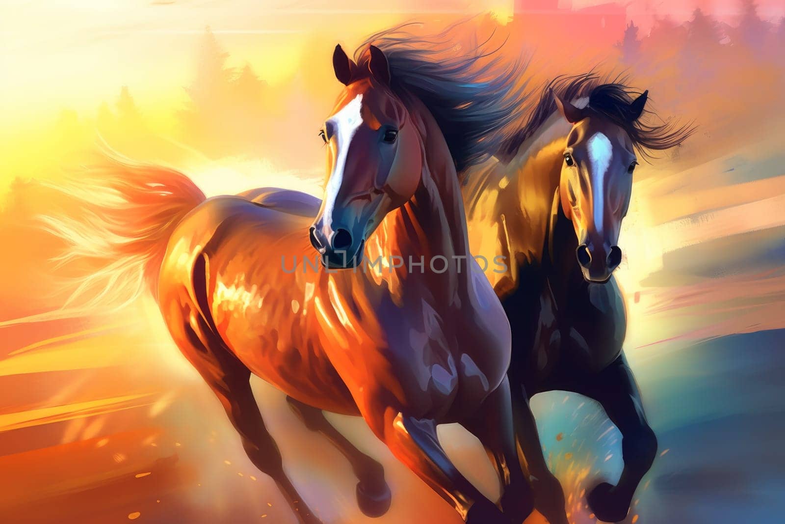 Two horses run. Abstract modern color. Generate Ai
