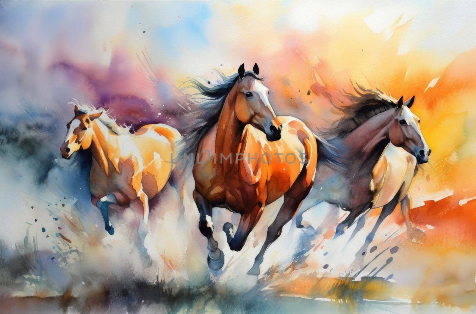 Watercolor horses run. Color paint. Generate Ai