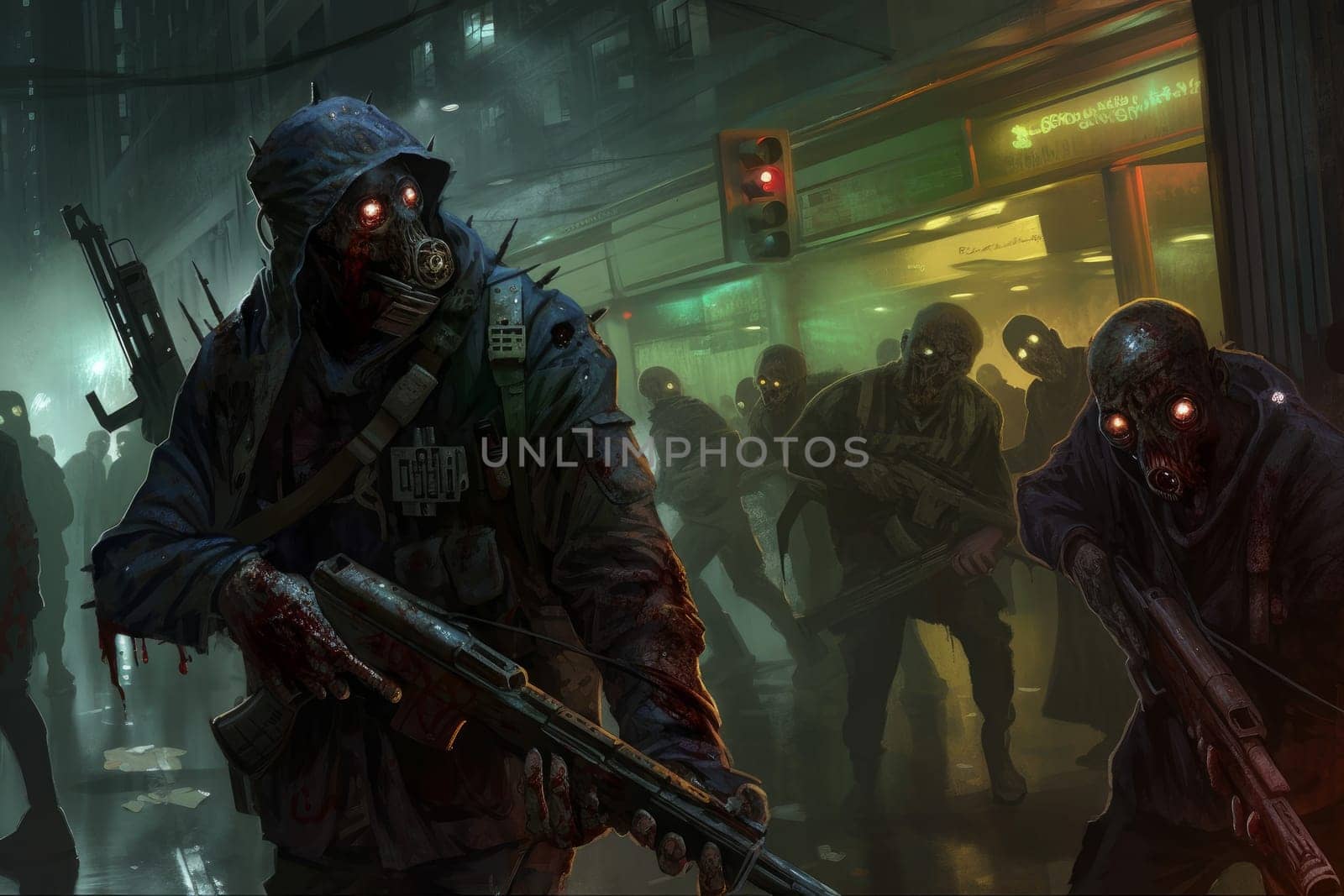 Zombie apocalypse with guns. Dark city. Generate Ai