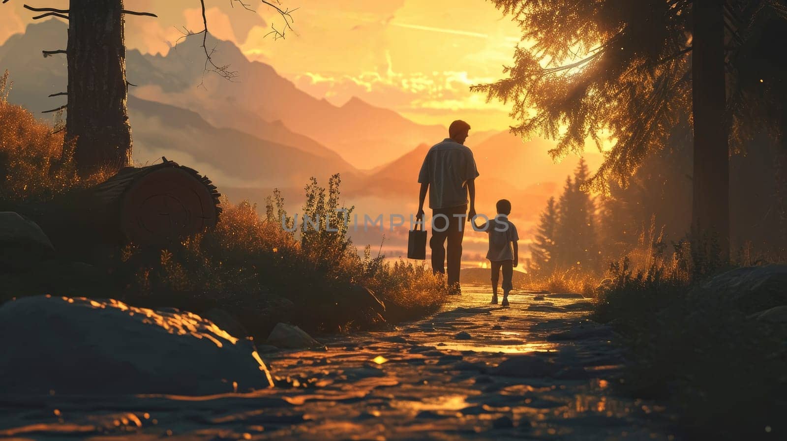 Silhouetted father and child walking on path at sunset