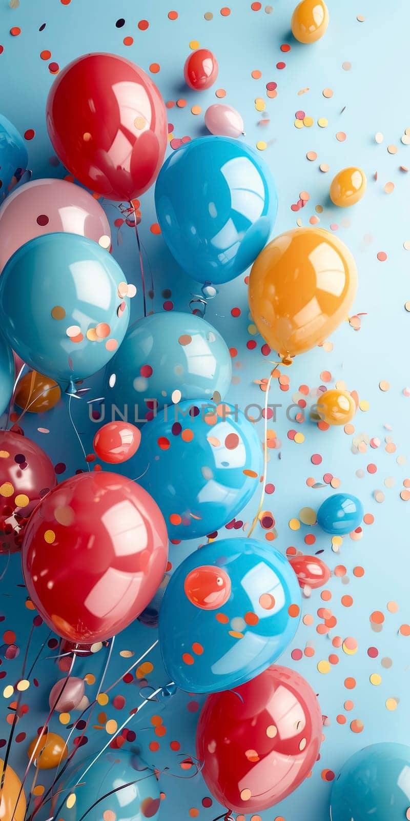 Bunch of balloons with confetti. 3D illustration with vibrant colors. Celebration and party decoration concept for design and print. Vertical composition with copy space.