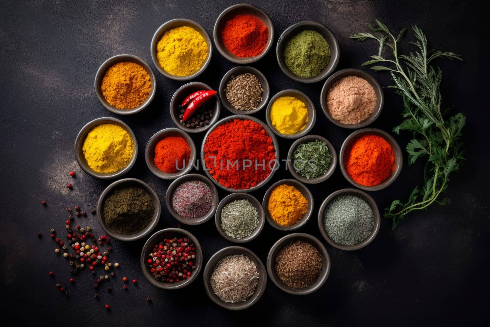 Assorted spices in round bowls on dark background. Culinary arts and seasoning concept. Design for recipe book, blog, poster. Flat lay composition with copy space