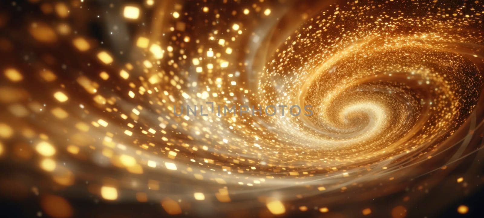 Abstract golden spiral with glittering particles, ideal for technology or luxury themes.