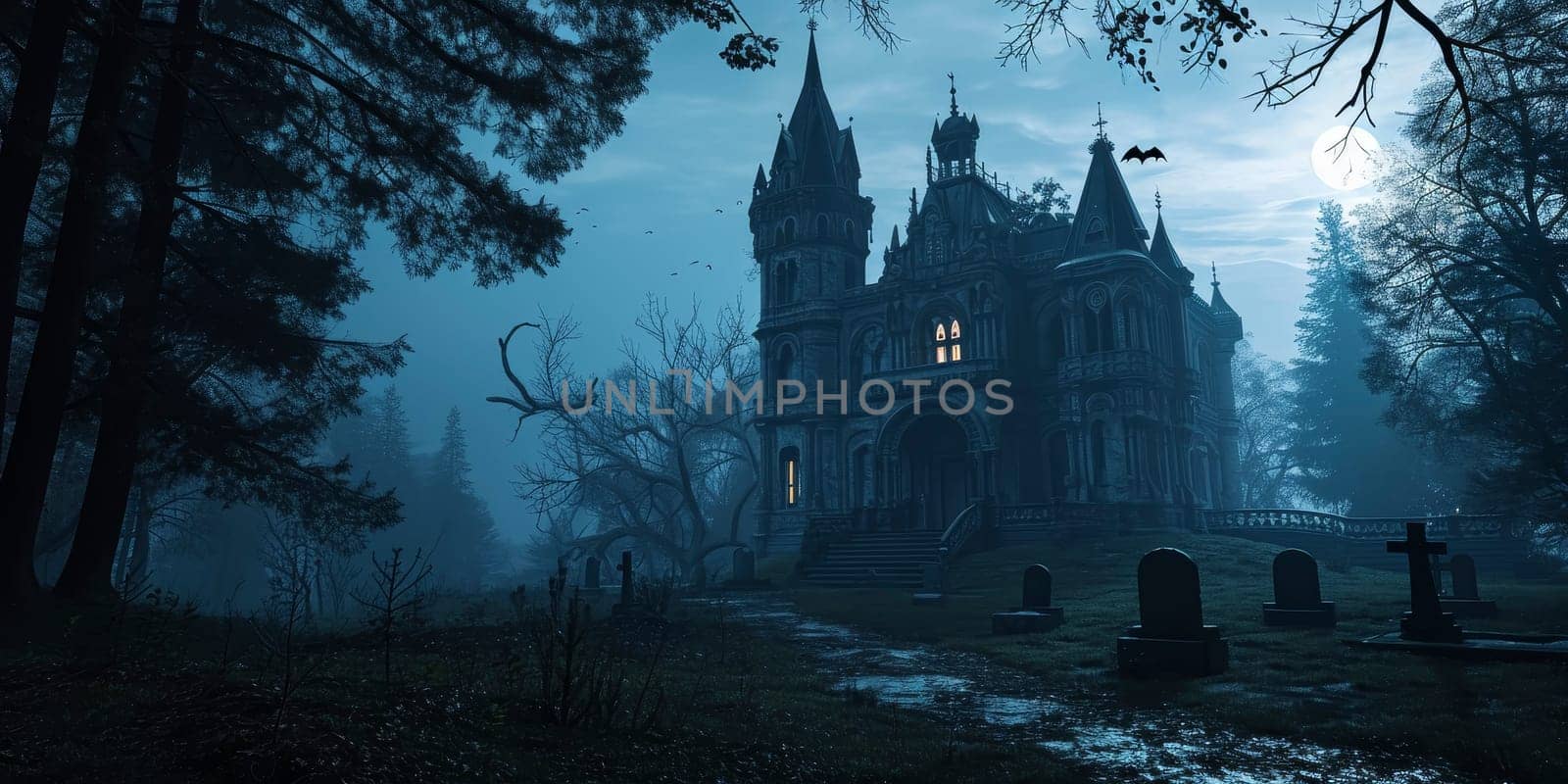 Mysterious gothic castle with illuminated windows overlooking a foggy cemetery at night.