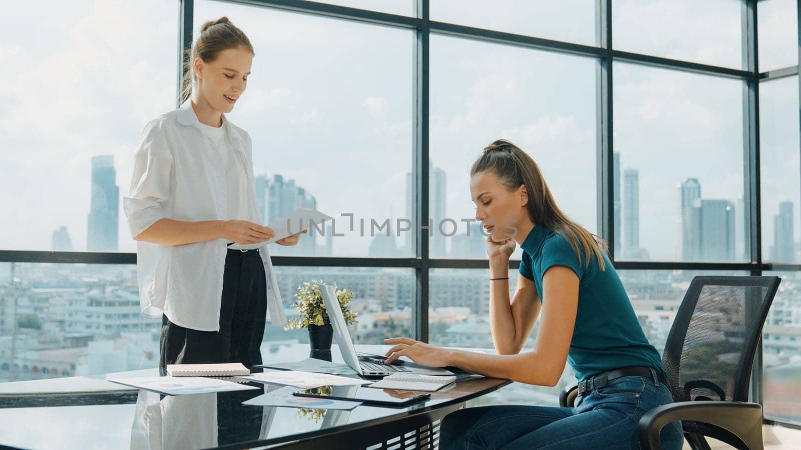 Smart businesswoman present start up project while executive manager listen carefully. Professional business team working together, sharing, discussing, thinking about business idea. Tracery