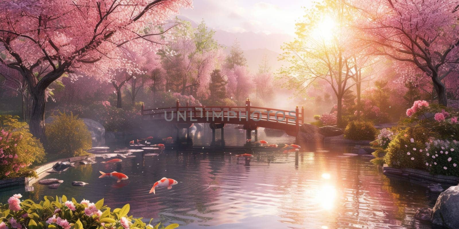 A serene Zen garden at sunrise, with a gently flowing stream, cherry blossoms in full bloom, and a quaint wooden bridge. Resplendent.