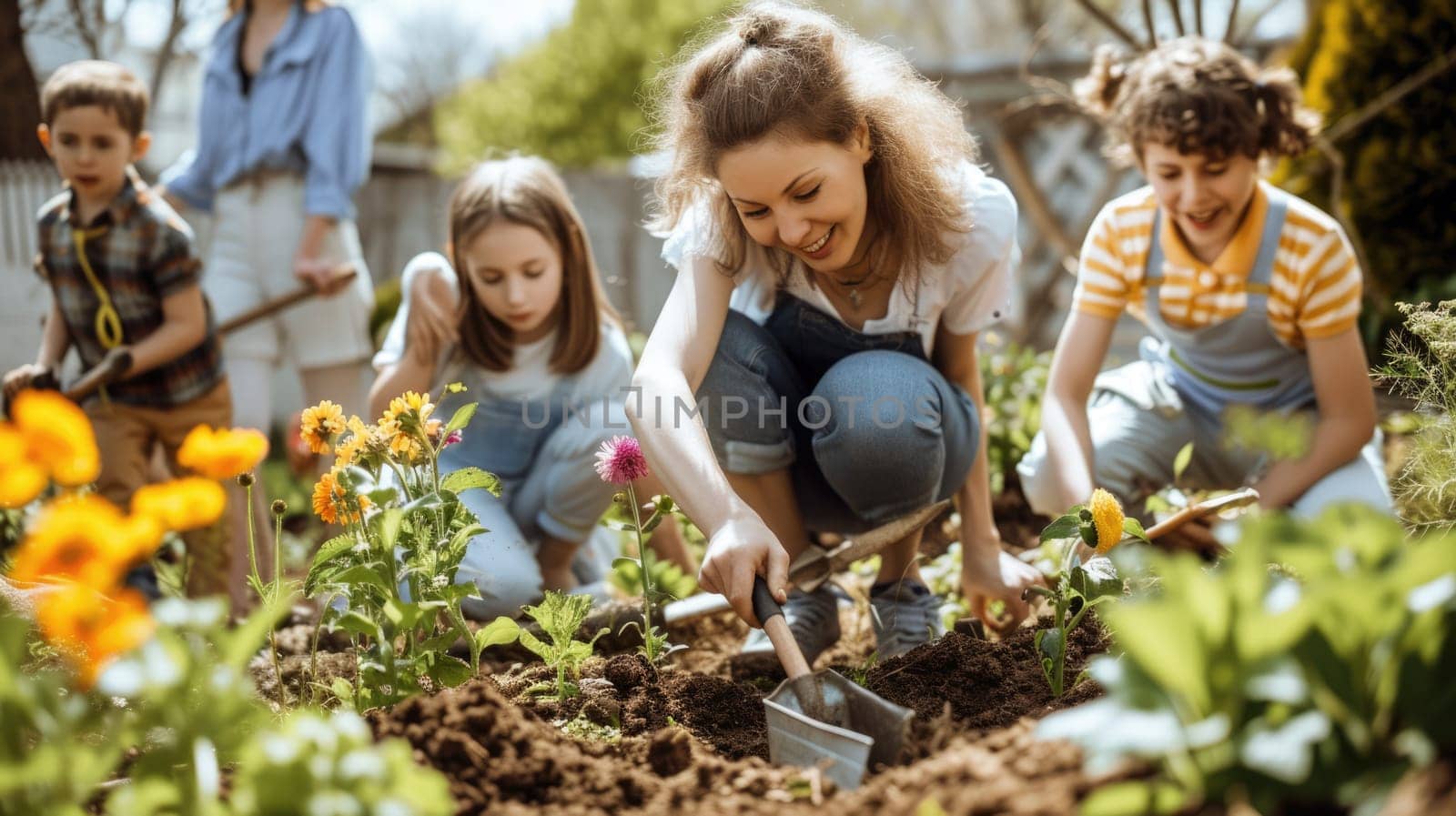 A happy family enjoying leisure time, picking beautiful flowers in a natural landscape surrounded by plants, trees, and grass. AIG41