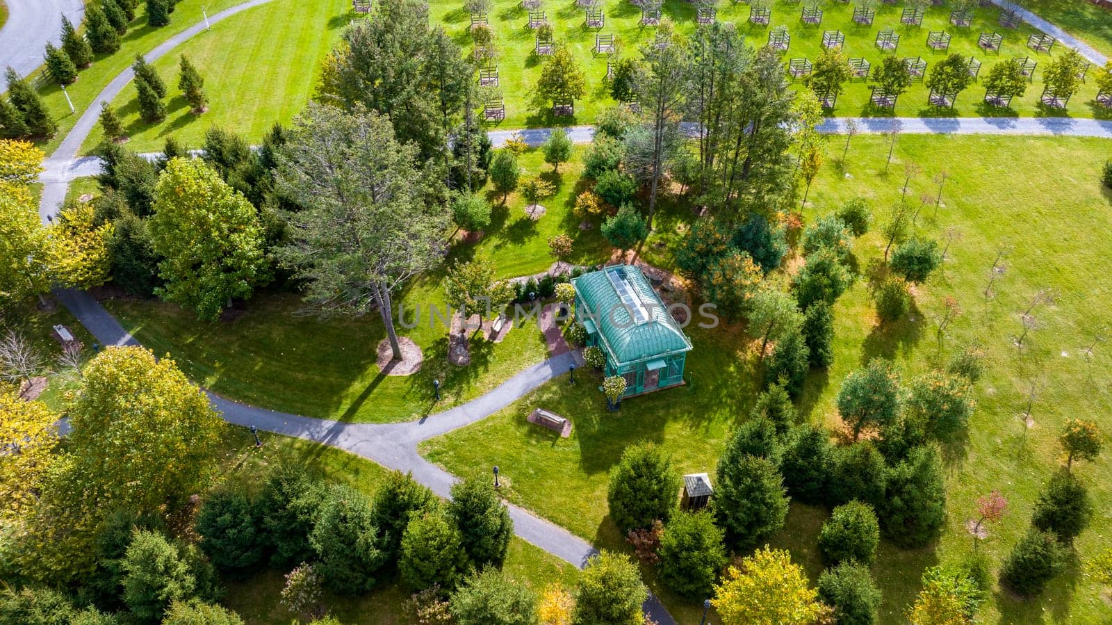 Elizabethtown, Pennsylvania, October 22, 2023 - An Aerial View of a Arboretum Gazebo Surrounded by Trees and Shrubs on an Autumn Day