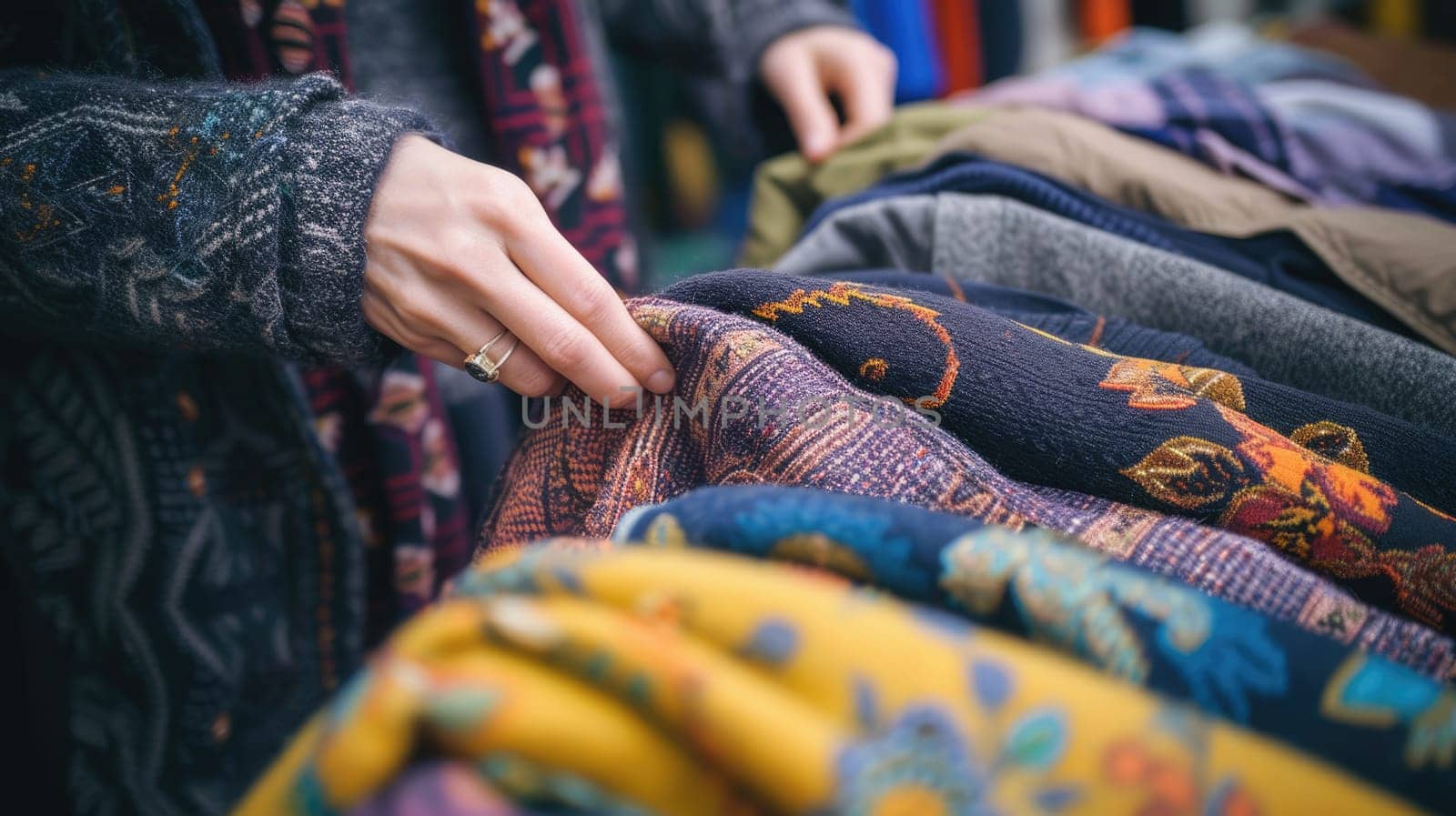 Close-up of a person's hands browsing through a colorful selection of clothing at a vintage fashion store. AIG41