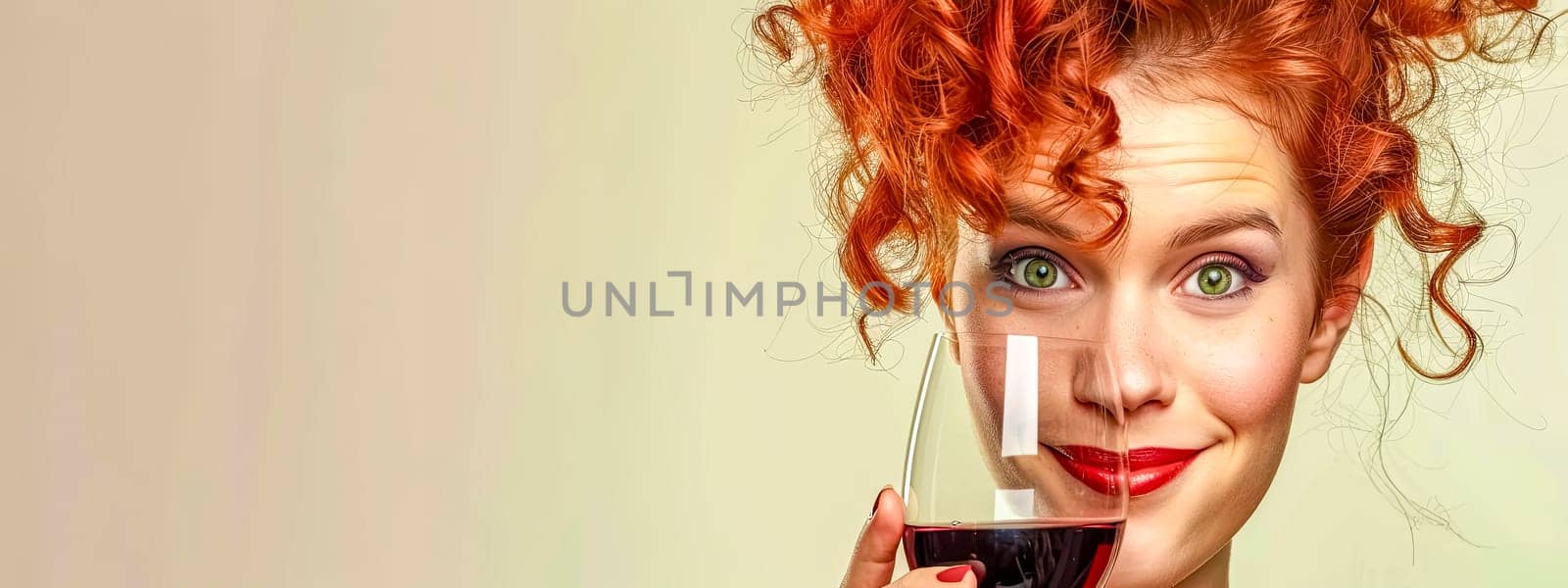 A fictional character with red hair is holding a glass of wine, showcasing a sly smile. Her lips are adorned with lipstick, adding to her captivating gesture
