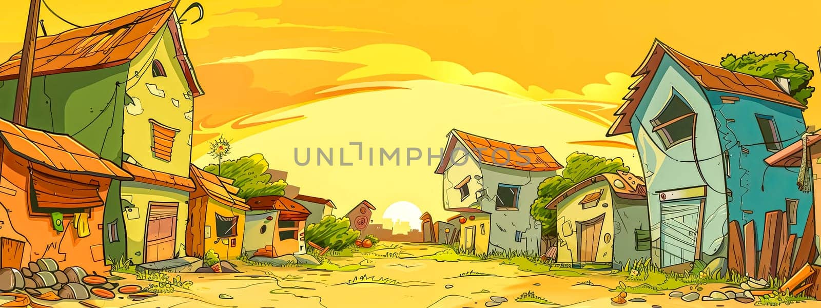 a cartoon drawing of a row of houses with a sunset in the background by Edophoto