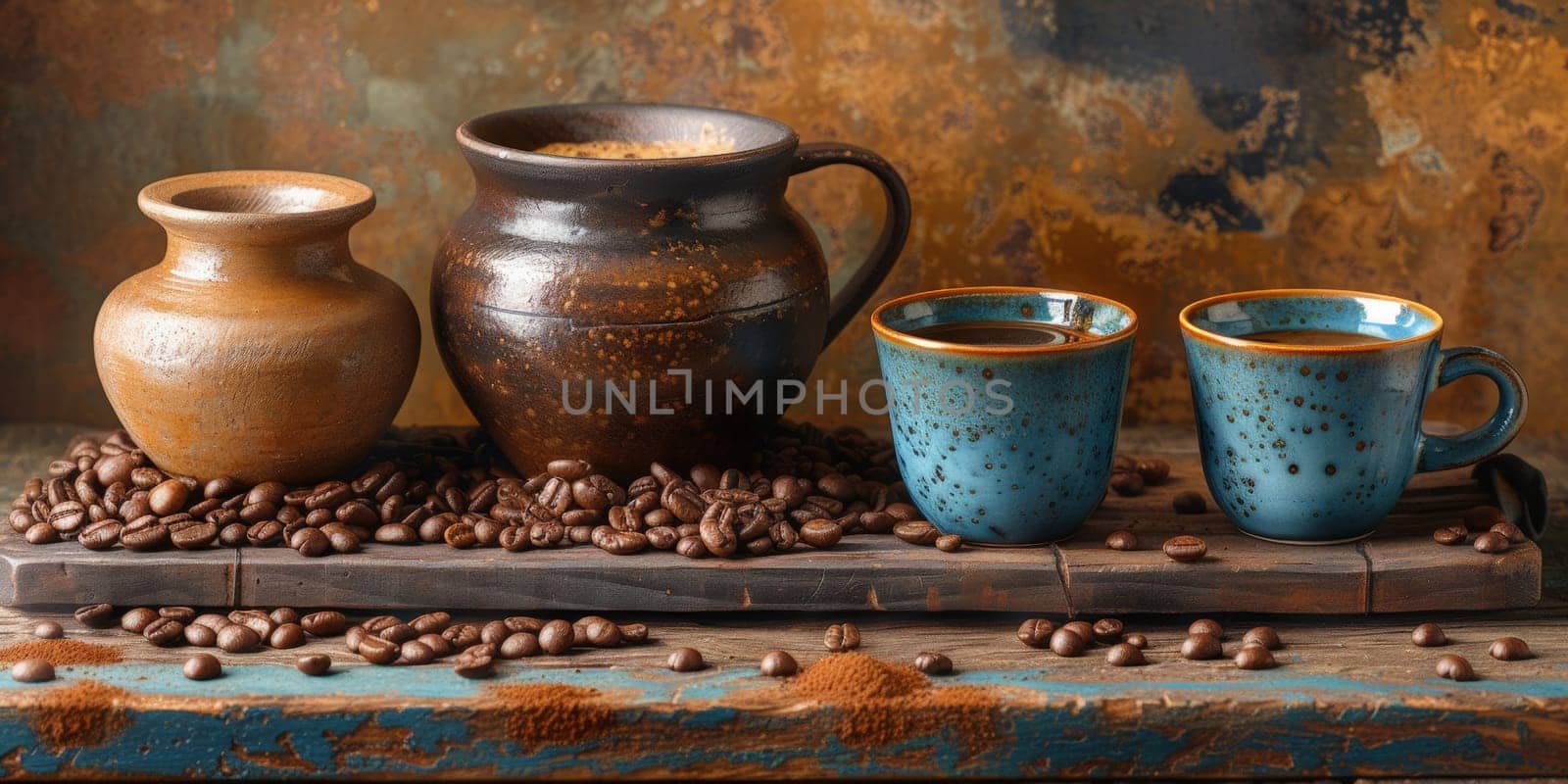 coffee still life (grinder, cup, a bag of beans, a jar against the background of an old wall