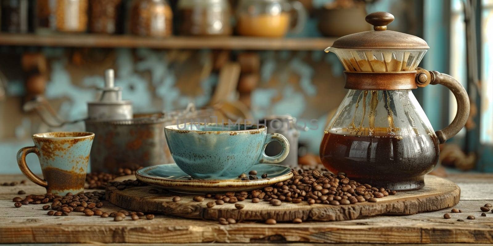 coffee still life (grinder, cup, a bag of beans, a jar against the background of an old wall