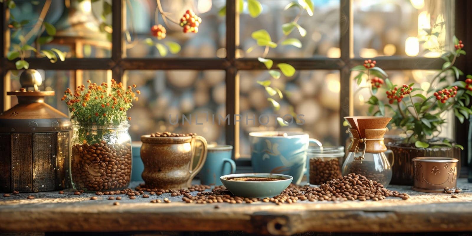 coffee still life (grinder, cup, a bag of beans, a jar against the background of an old wall