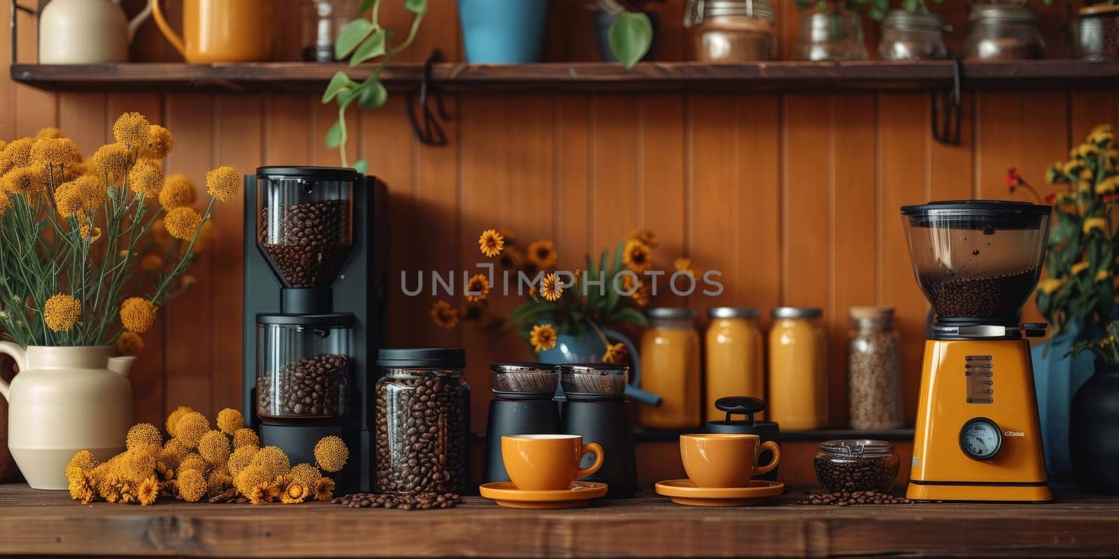 coffee still life (grinder, cup, a bag of beans, a jar against the background of an old wall