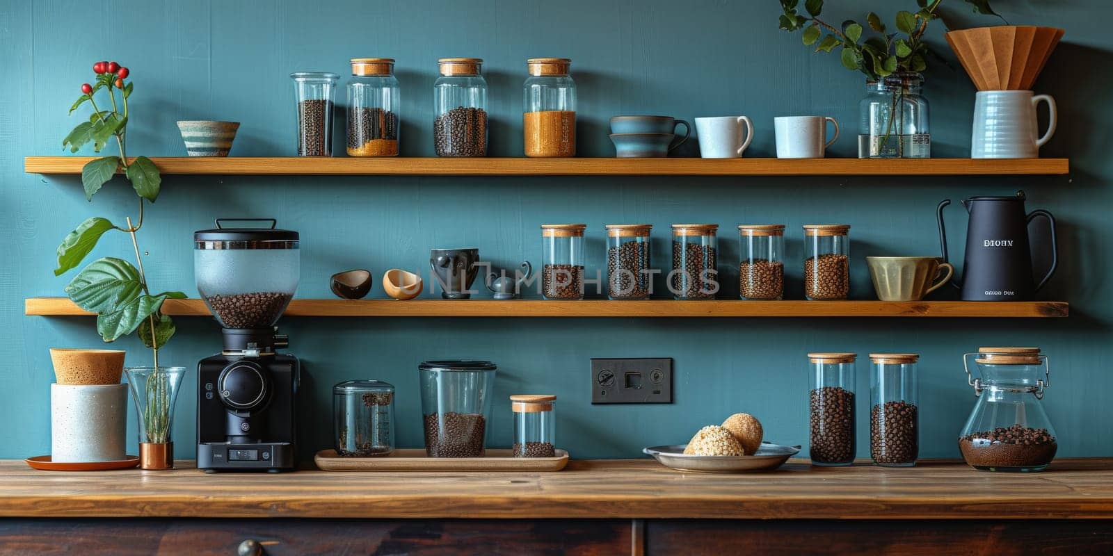 coffee still life (grinder, cup, a bag of beans, a jar against the background of an old wall