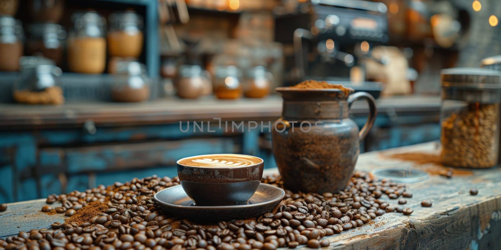 coffee still life (grinder, cup, a bag of beans, a jar against the background of an old wall