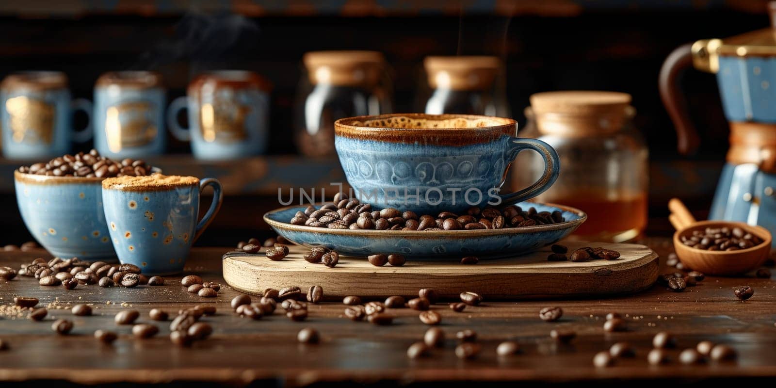 coffee still life (grinder, cup, a bag of beans, a jar against the background of an old wall