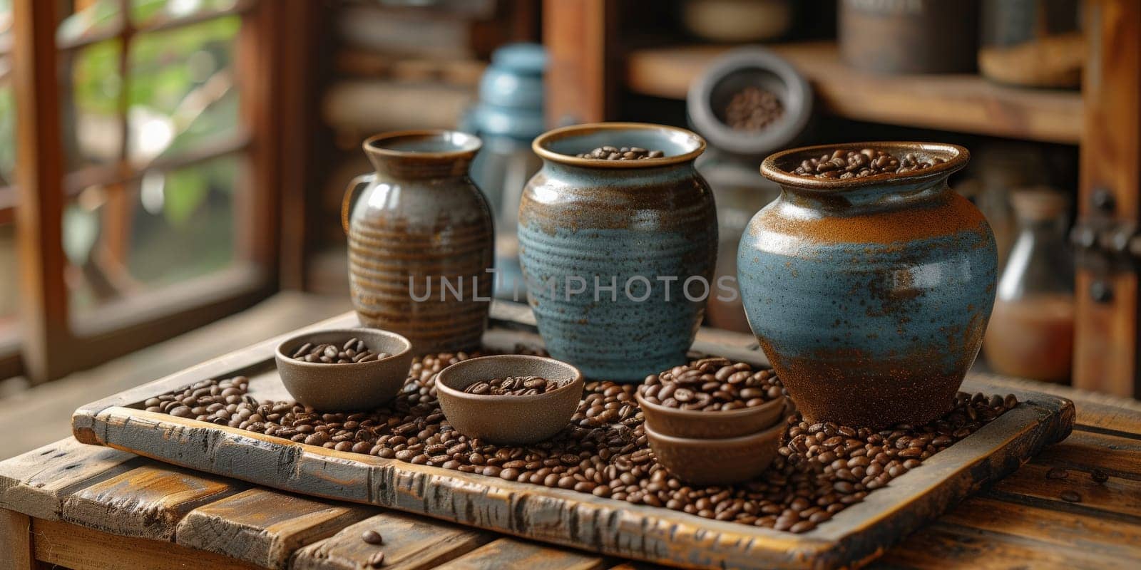 coffee still life (grinder, cup, a bag of beans, a jar against the background of an old wall