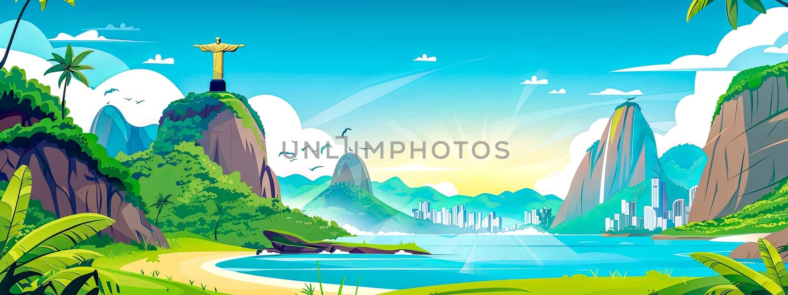 An artful cartoon illustration of a tropical landscape with a cross on top of a mountain, depicting a natural landscape with grassland, water resources, and a picturesque sky