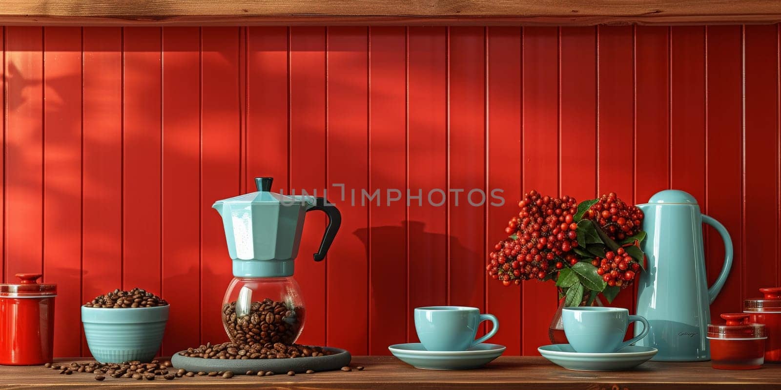 coffee still life (grinder, cup, a bag of beans, a jar against the background of an old wall. by Benzoix