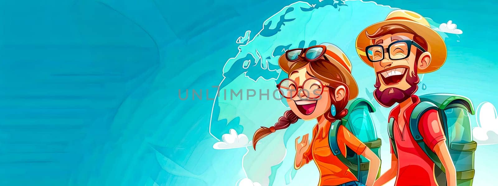 Happy man and woman travelers in sunglasses stand by an aqua painting of world map by Edophoto