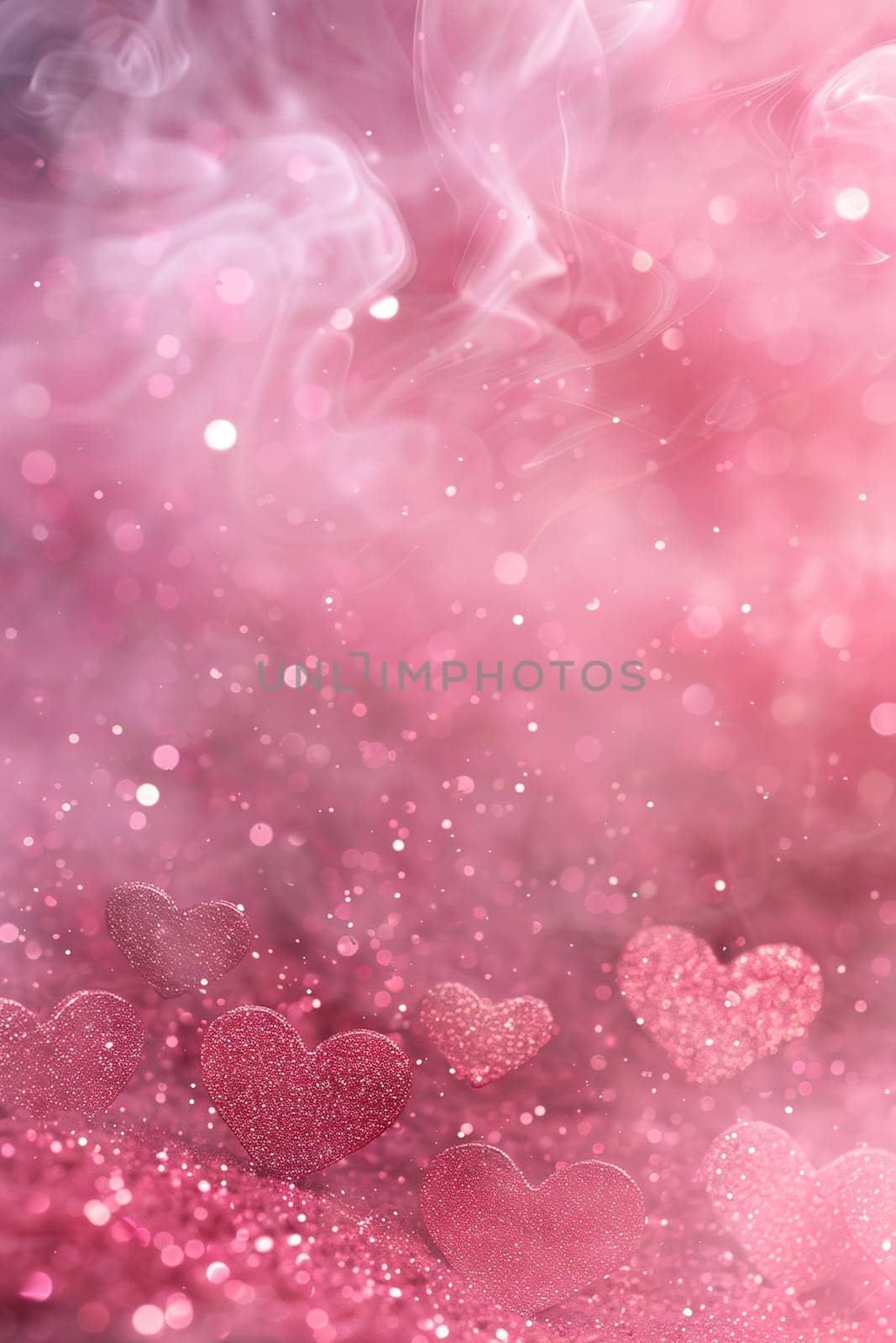 Pink background with hearts, glitter and copy space. Its a girl backdrop with empty space for text. Baby shower or birthday invitation, party. Women's Day. Baby girl birth announcement. Generative AI
