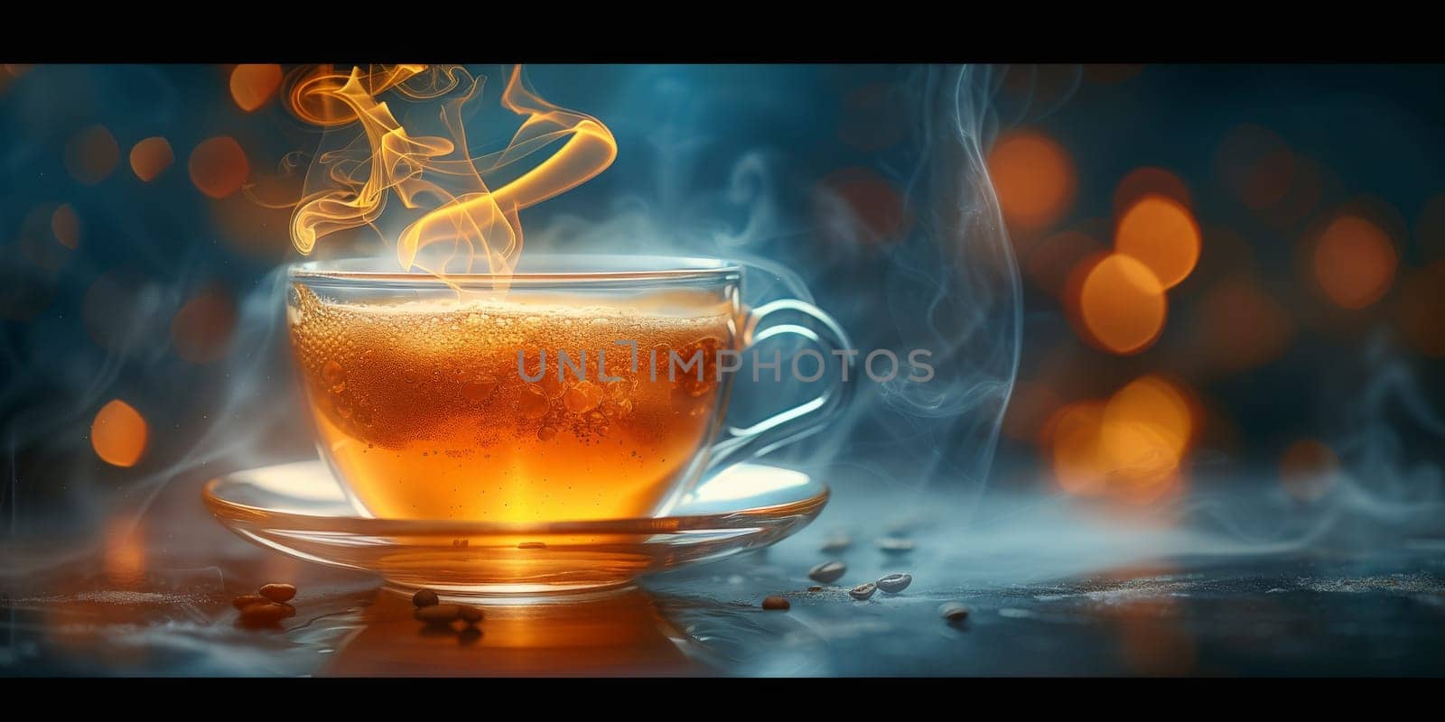 Steaming coffee cup on dark background.