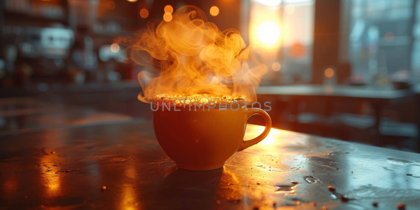 Steaming coffee cup on dark background.